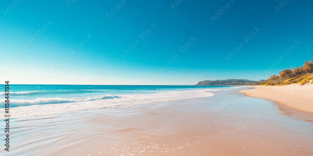 Poster a captivating beach scene featuring a clear blue sky during autumn, showcasing the tranquil beauty o