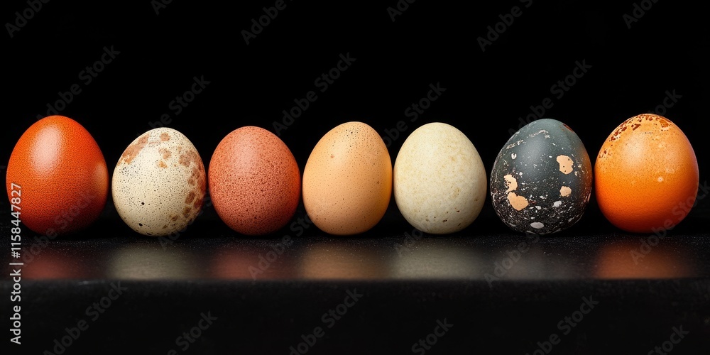 Aufkleber Fifteen assorted eggs arranged on a dark background create a striking visual. This composition of eggs highlights their unique shapes and textures against the contrasting black backdrop.