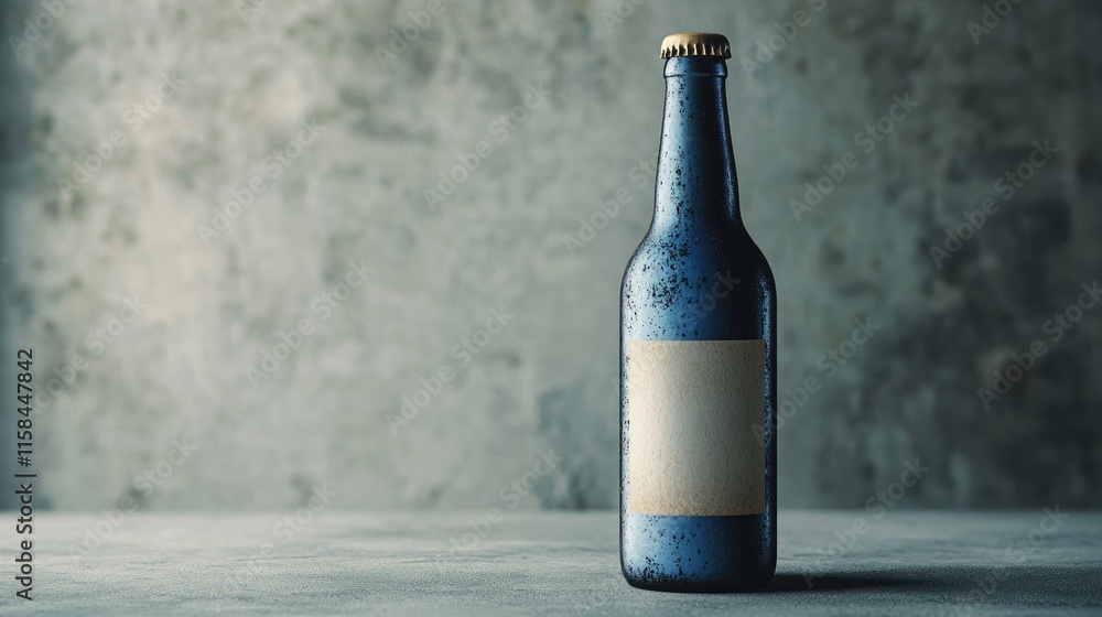 Poster a blue beer bottle with an empty label, gracefully styled on a grey surface, offering a minimalistic
