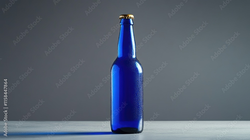 Poster a blue beer bottle with an empty label, gracefully styled on a grey surface, offering a minimalistic