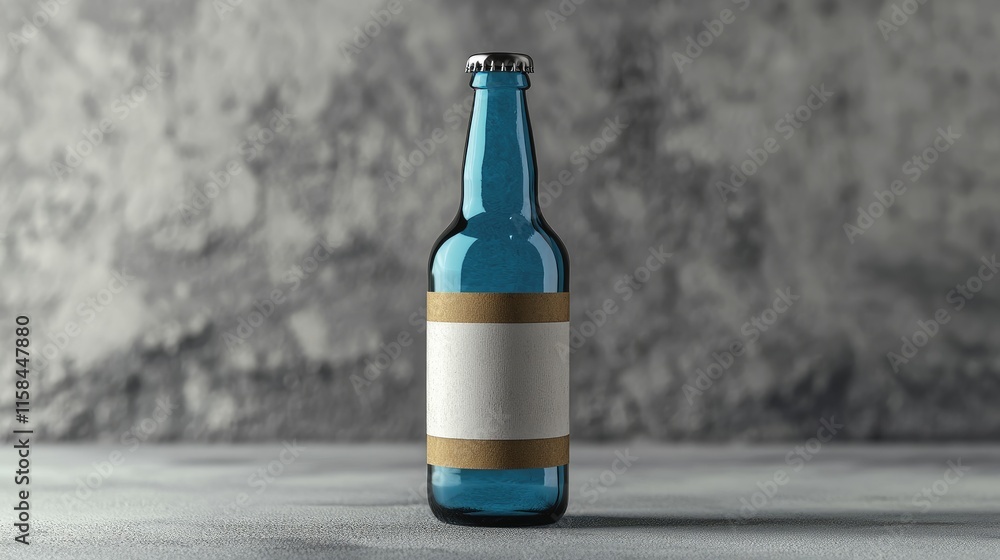 Poster a blue beer bottle with an empty label, gracefully styled on a grey surface, offering a minimalistic