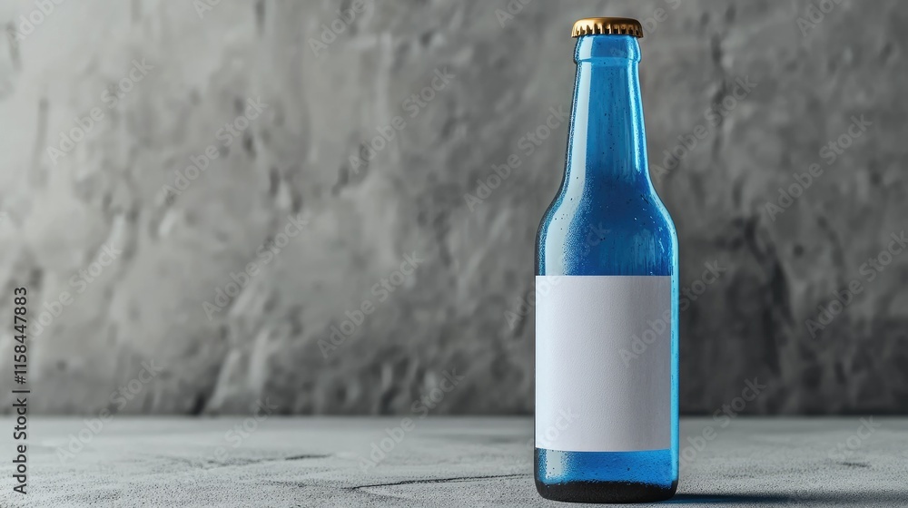 Poster a blue beer bottle with an empty label, gracefully styled on a grey surface, offering a minimalistic