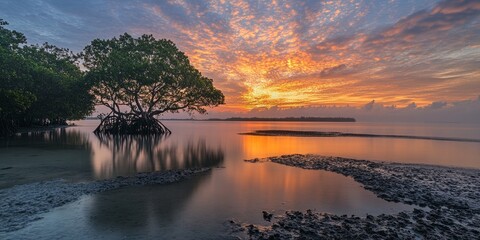 Morning beauty of mangrove trees showcases the essence of beach tourism, highlighting the stunning scenery that attracts nature lovers seeking tranquility and adventure amidst mangrove trees.