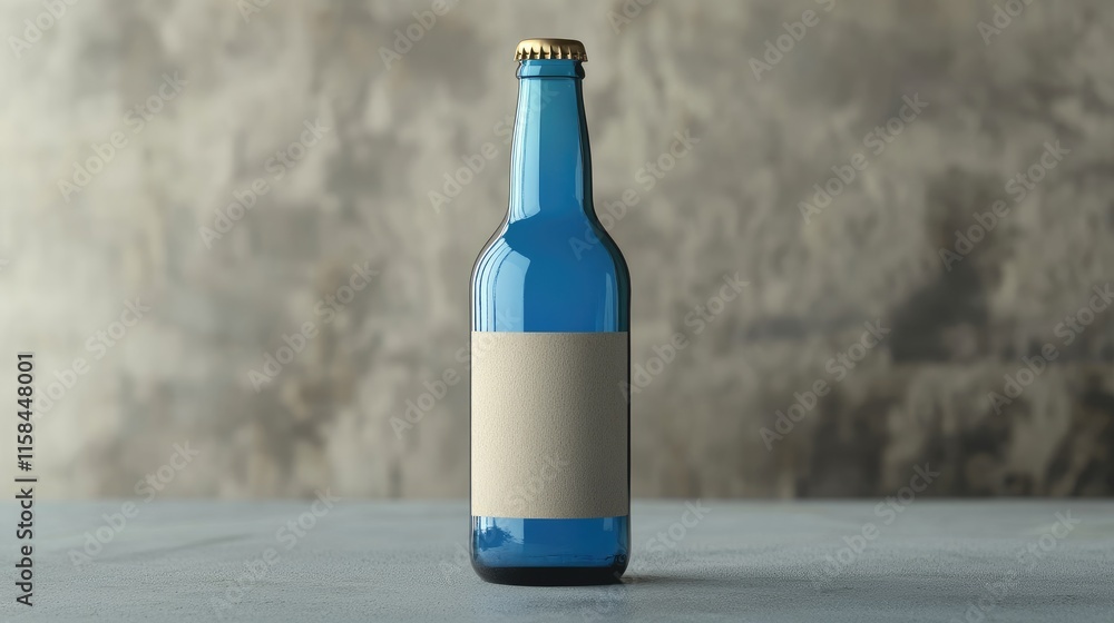Poster A blue beer bottle with an empty label, styled elegantly on a smooth grey surface, ideal for showcasing branding and product design mockups