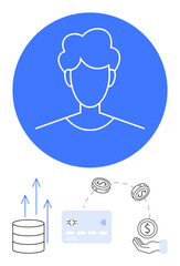 Persons profile in blue circle with database, payment card, coins, arrows. Ideal for finance, technology, data management, user profiles digital transactions online payments fintech. Line metaphor