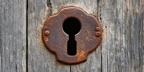 Weathered and worn, an old rusty keyhole contrasts against the grain of a wooden door, embodying a sense of history and mystery in its aged appearance, perfect for those intrigued by antique keyholes.