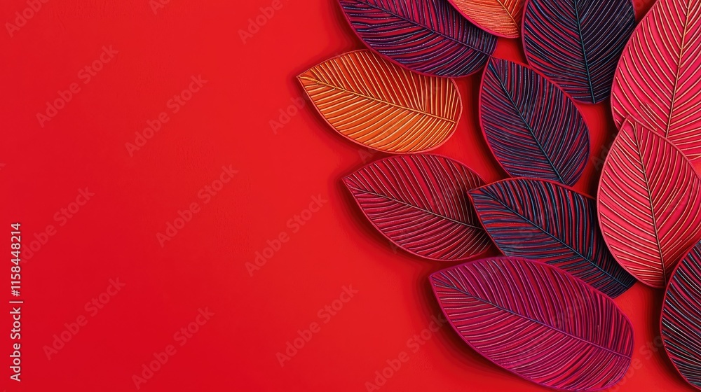 Poster laurel leaves abstract background idea. colorful leaves on a vibrant red background creating a bold 