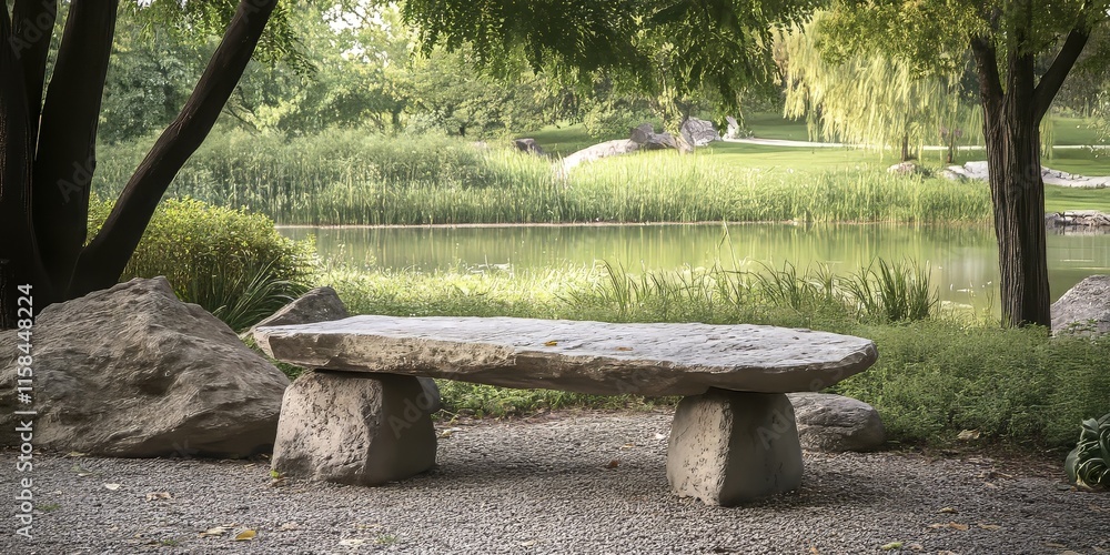 Poster zen inspired rock bench nestled in a tranquil park setting, offering a serene space for reflection a