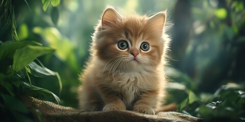 Fototapeta premium Adorable fluffy kitten, featuring a Scottish straight breed with distinctive lop ears, showcases the playful charm of cats. This kitten embodies the essence of a delightful animal companion.