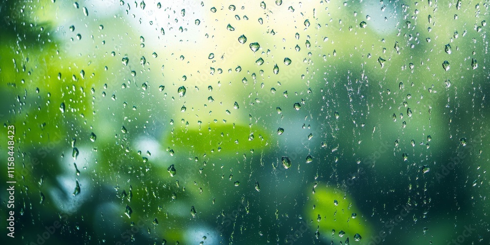 Aufkleber Raindrops on window glass create a captivating summer background, offering a unique perspective. The raindrops on window glass enhance the beauty of summer moments with their selective focus.