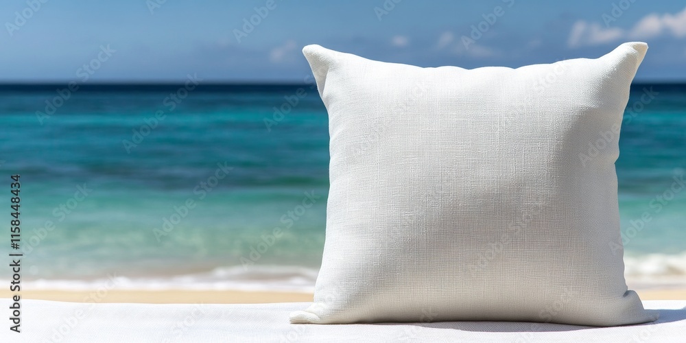 Poster a white pillow contrasting against the backdrop of a blue sea in a beach setting creates a serene an