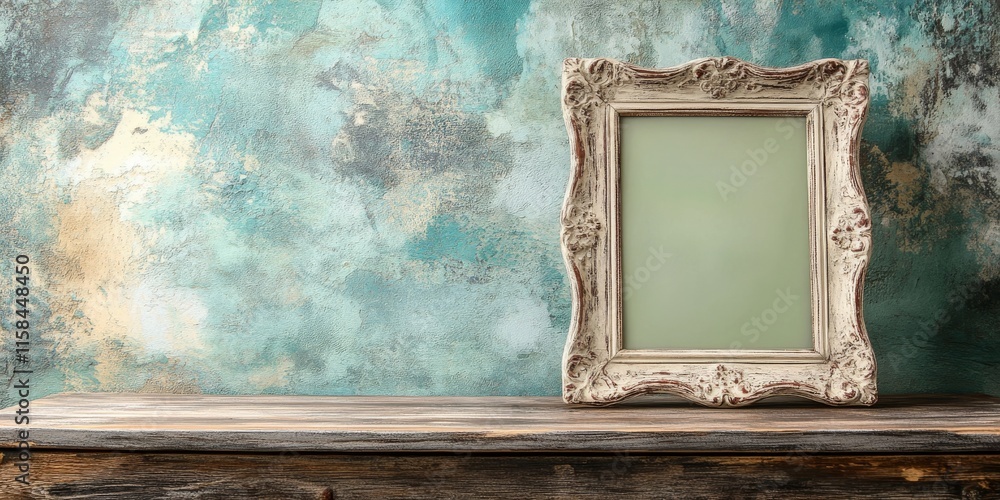 Poster a vintage photo frame in shabby chic style rests atop a wooden table, creating an elegant display. t