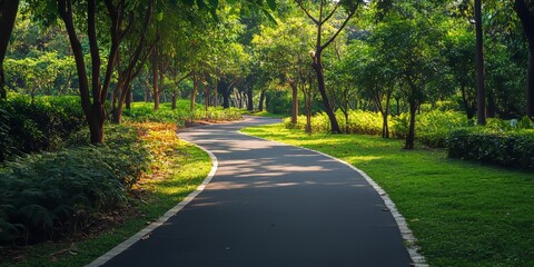 Fototapeta premium Relaxed observation of a paved walkway situated within a park. This tranquil asphalt path invites a leisurely stroll through the greenery.