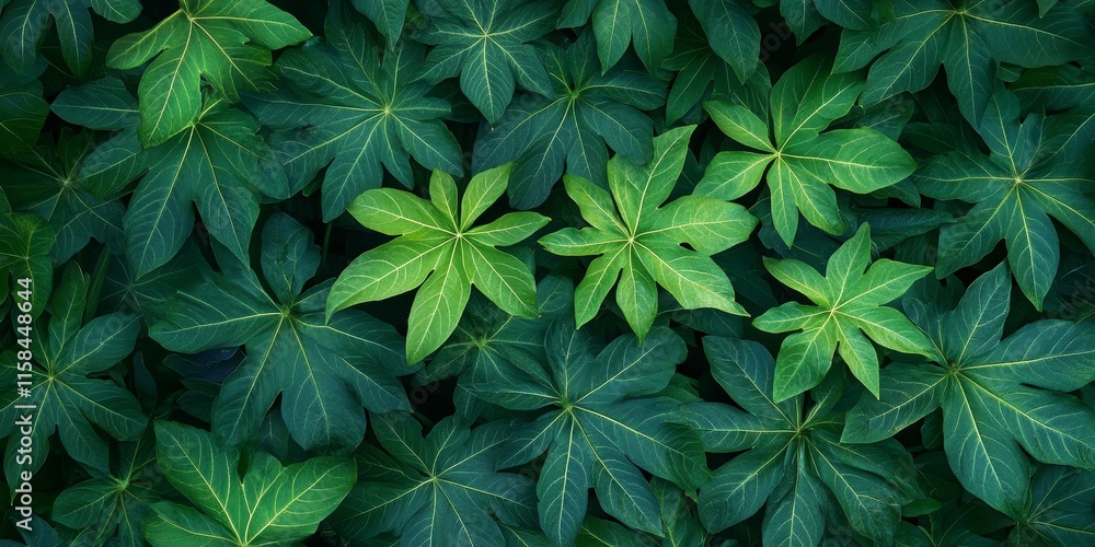 Poster Top view of vibrant papaya tree leaves showcasing their unique shape and texture, creating a stunning pattern. The lush green papaya tree leaves add beauty to any garden or landscape.