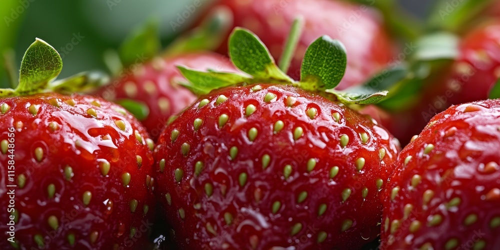 Poster macro shot capturing a vibrant group of strawberries, highlighting the freshness and detail of these
