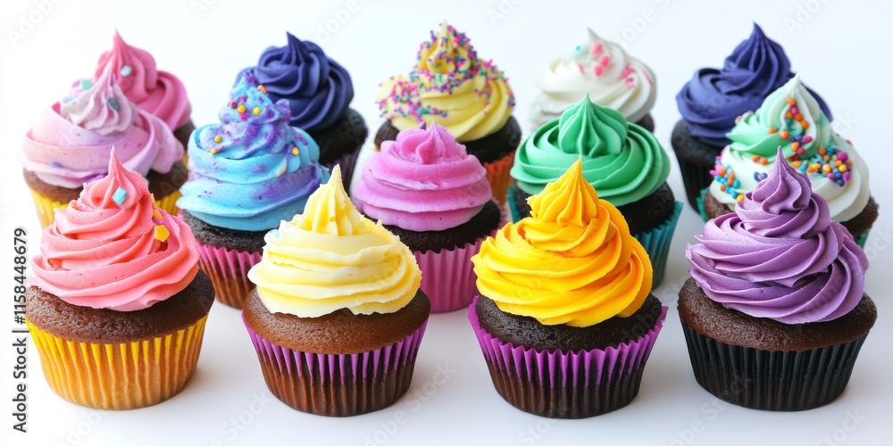 Poster delectable birthday cupcakes arranged on a white background, featuring an array of vibrant colors an