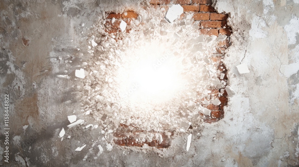 Poster a bright white hole in a concrete wall, sending shards of red brick and dust flying as light emerges