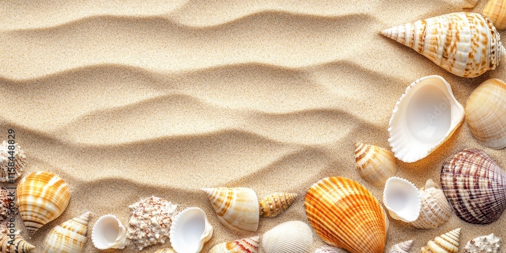 Poster sea shells scattered on sand create a stunning summer beach background. this top view of sea shells 
