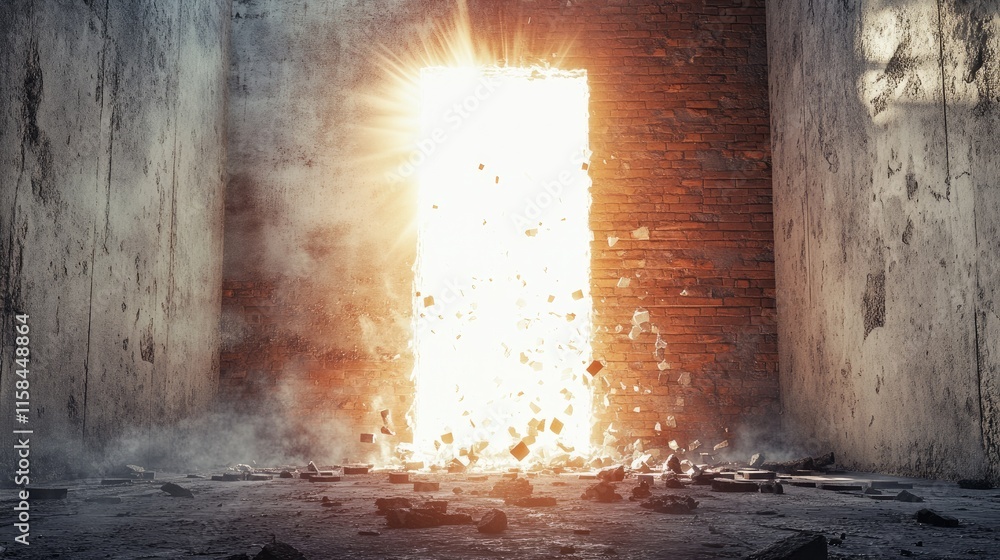 Poster a bright white hole in a concrete wall, sending shards of red brick and dust flying as light emerges