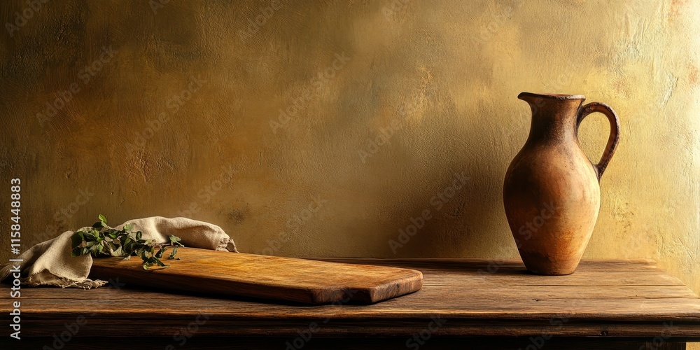 Poster still life composition featuring a kitchen table setting with a wooden board and a vase, creating a 