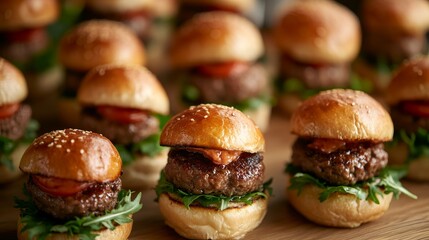 Mini beef burgers served as party food are displayed on a wooden table, perfect for any gathering. These mini beef burgers make great additions to your party food lineup.