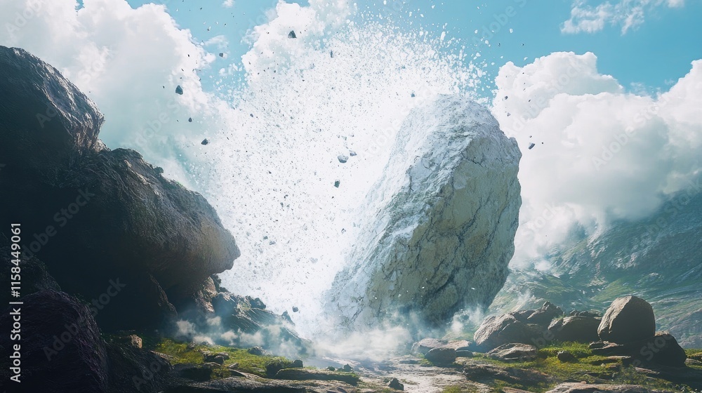 Aufkleber a brilliant white void splits a large boulder apart, sending flying shards in all directions, creati