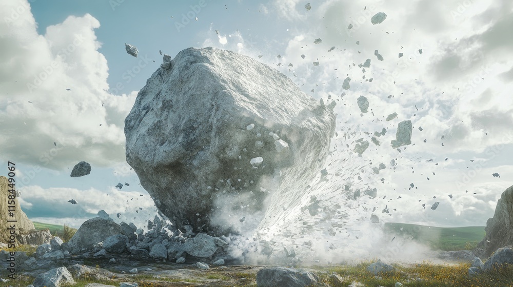 Aufkleber a brilliant white void splits a large boulder apart, sending flying shards in all directions, creati
