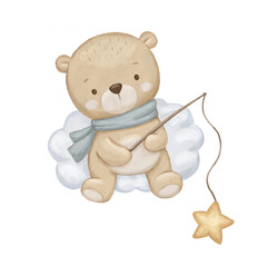 Cute bear with fishing rod sitting on cloud in sky, watercolor hand drawn illustration isolated on white background