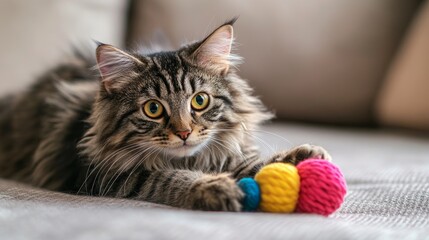 The playful fluffy striped domestic cat enjoys engaging with a colorful toy, showcasing its playful nature as the fluffy striped domestic cat pounces and swats at the enticing object.