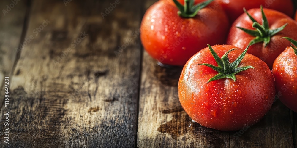 Poster fresh, ripe garden tomatoes rest on a wooden table, showcasing their vibrant colors and textures. th