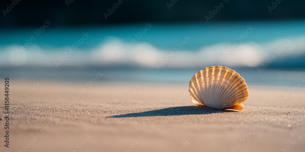 Poster sea shell resting on sandy beach by the seashore, beautifully highlighted against the morning sea, f