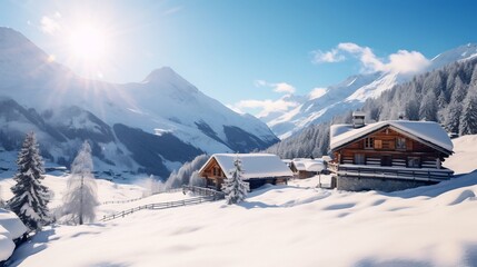 Enchanting Winter Village Nestled in Snowy Mountain Landscape with Cozy Wooden Cabins and Majestic Peaks in the Distance
