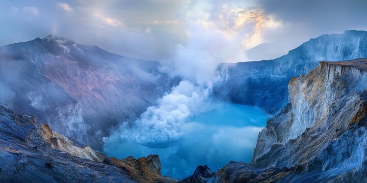 Ijen Crater landscape features sulfur smoke rising from its stunning blue hued depths, showcasing the mesmerizing beauty of this unique landscape rich in natural phenomena.
