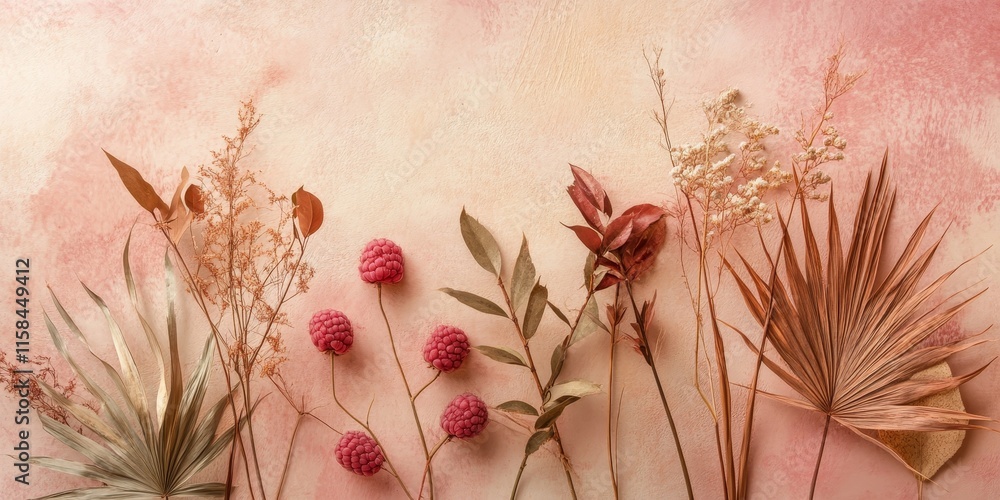 Poster an elegant arrangement features decorative palm and raspberry branches alongside dried leaves, all s