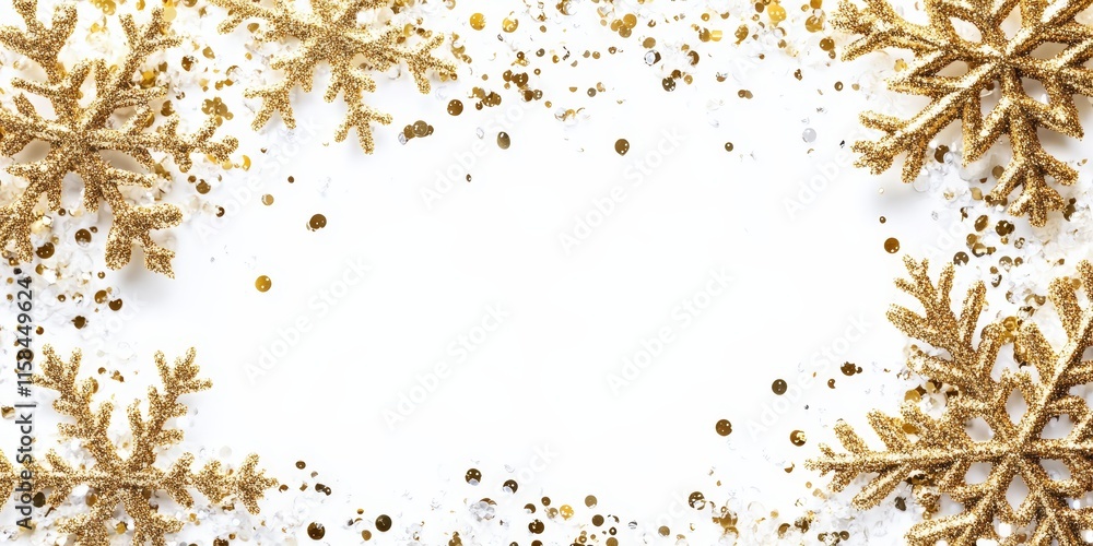 Poster christmas frame adorned with gold snowflakes creates a festive atmosphere. the border features sequi