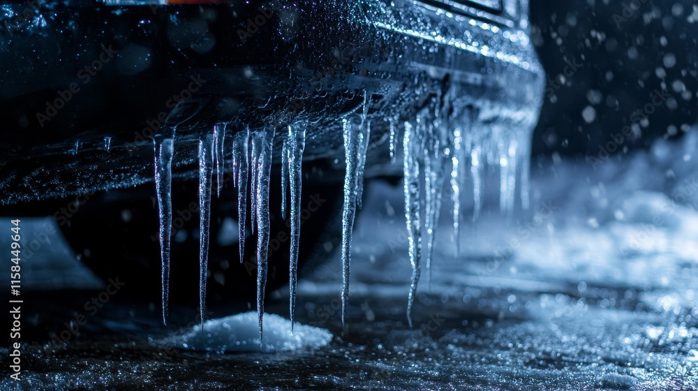 Poster icicles forming and dripping off a car create a striking winter scene, showcasing the beauty of icic