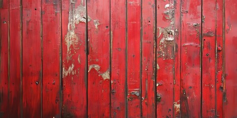 Textured painted old wooden wall with a striking red background creates a vibrant focal point. This painted old wooden wall enhances any setting with its unique characteristics and rich color.