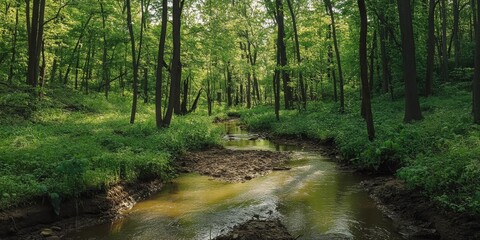 Obraz premium Lush green trees and vibrant plants surround a serene muddy creek, creating a peaceful natural scene of green trees and plants that invites exploration and tranquility.