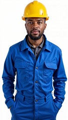 African American construction worker in blue uniform with yellow hard hat on white background. For construction sites, industrial facilities, technical supervision, engineering works