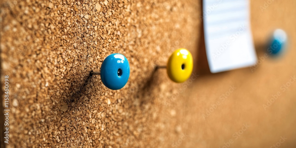 Aufkleber A cork board featuring paper and pins for organizing notes. This setup of paper and pins on a cork board allows for easy display and communication of important information.
