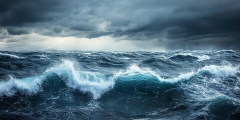 Powerful storm in the ocean creates massive waves in the open sea, accompanied by an overcast sky. This heavy storm showcases the ocean s fierce beauty during tumultuous weather conditions.