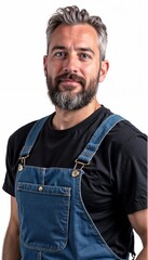 Obraz premium Mature man in denim overalls on white background. For repair workshops, technical maintenance, carpentry shops, renovation teams, craft studios, furniture assembly, installation works
