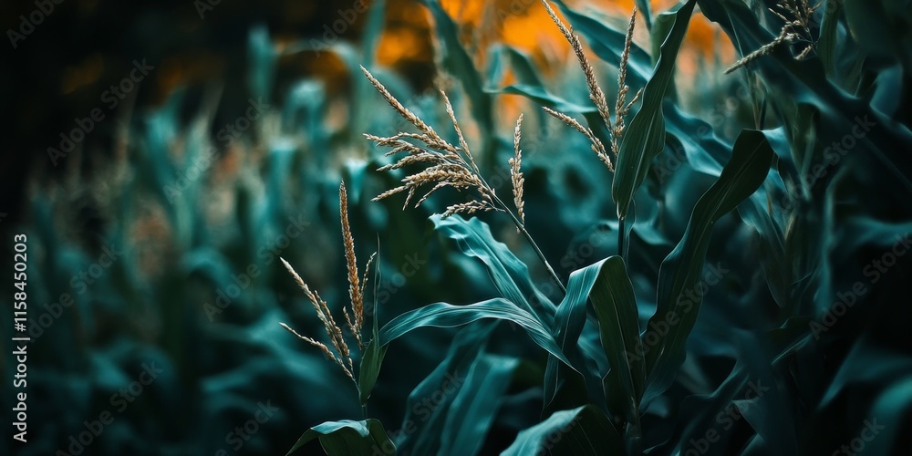 Poster close up of corn set against a dark tree background, featuring corn in sharp detail, ideal for showc