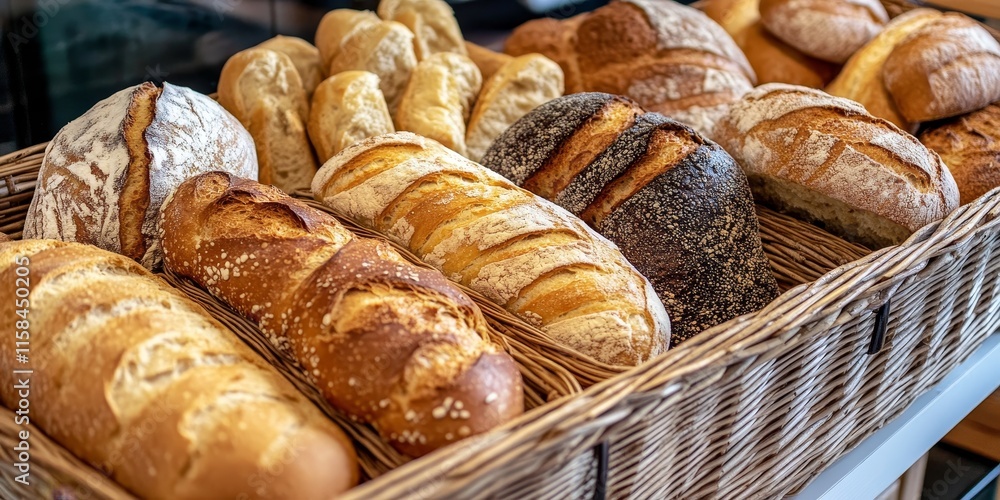 Aufkleber Assorted varieties of bread displayed in a basket, showcasing different types of bread to highlight the diversity and appeal of various bread options. A delightful mix of bread varieties awaits.