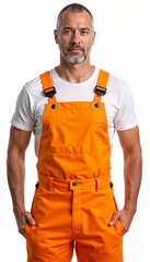 Mature man in orange overalls on white background. For road works, municipal services, warehouse operations, technical maintenance, delivery services, installation teams.