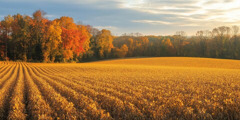 Obraz premium Vibrant soybean field showcasing the rich colors of fall, highlighting the beauty of the soybean field as seasons change and nature transforms the landscape into a stunning scene.