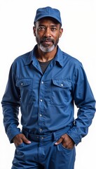 Fototapeta premium Mature African American man in blue workwear on white background. For manufacturing facilities, technical maintenance, production lines, industrial operations, warehouse logistics.