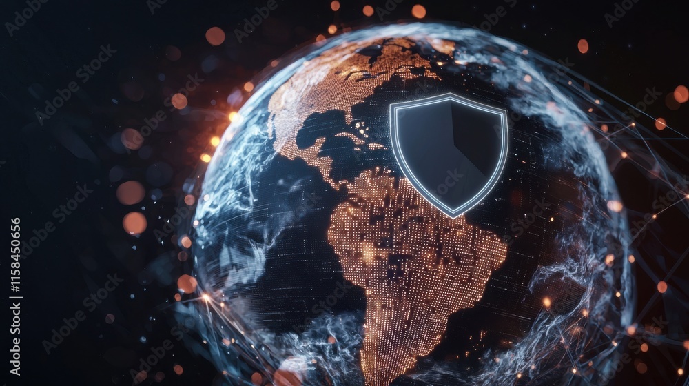 Poster global cybersecurity concepts illustrated simplified globe with shield overlay digital environment h