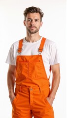 Man in orange overalls on white background. For road construction, warehouse operations, delivery services, technical maintenance, installation works, loading operations.