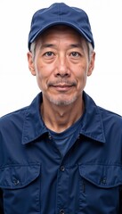 Asian man in navy workwear with cap on white background. For manufacturing facilities, production lines, technical maintenance, industrial operations, quality control.